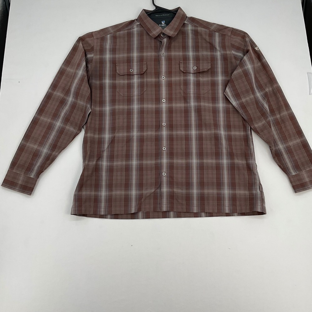 Kuhl Mens XXL Plaid Long Sleeve Button Down Shirt Brown Grey Outdoor Hiking 1527